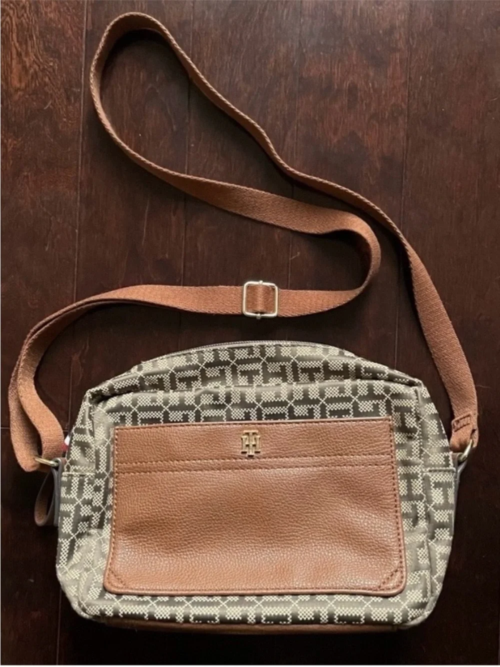 Tommy Hilfiger Beige Jacquard & Brown Leather Crossbody Bag